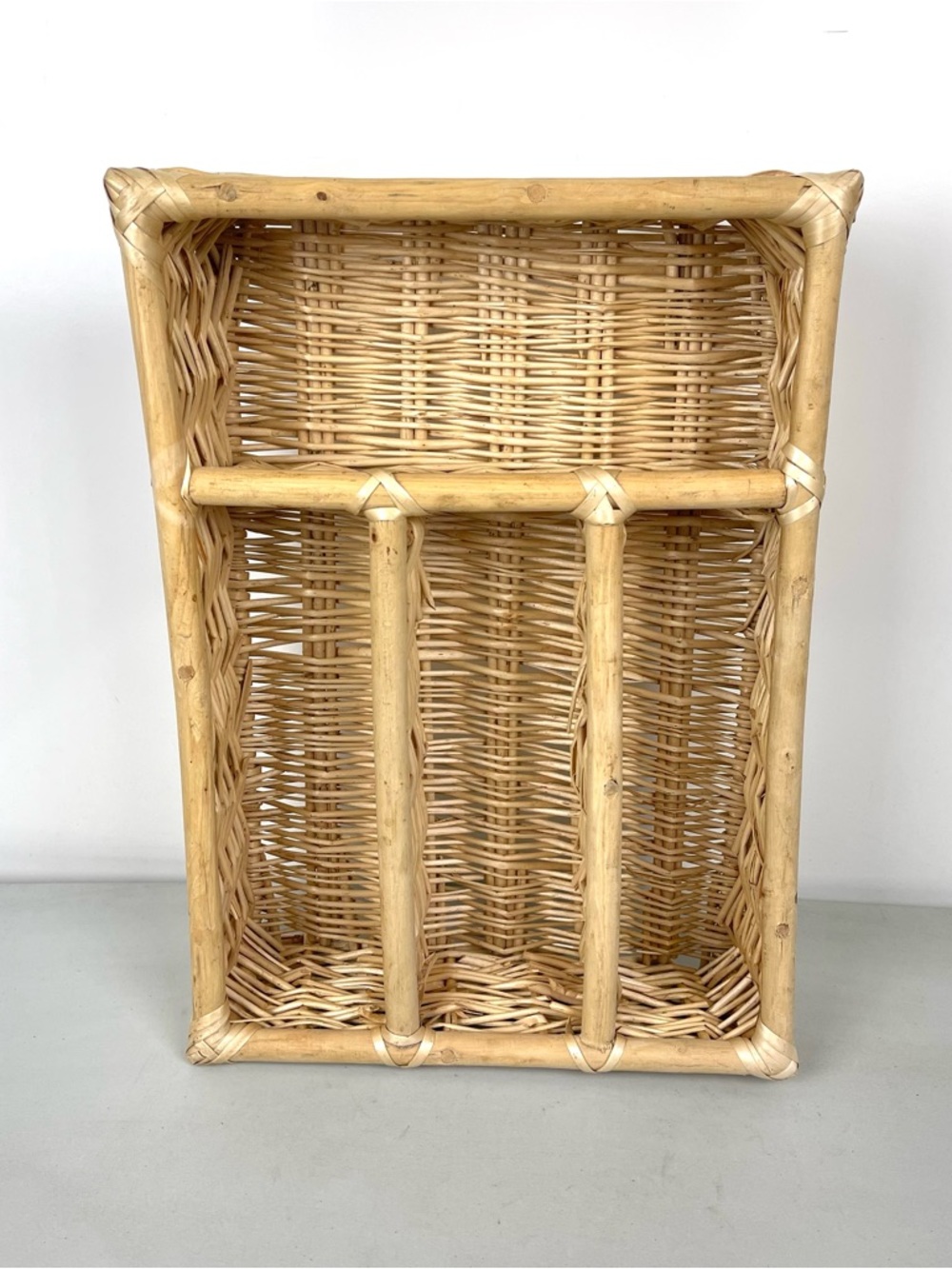Vintage Rattan Wicker Flatware Organizer Boho Farmhouse Kitchen Decor